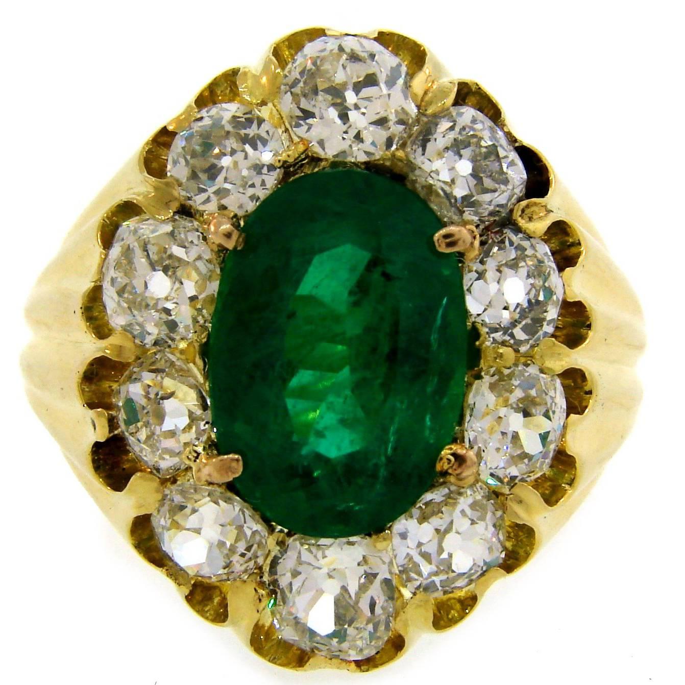 Antique Russian Emerald Diamond Yellow Gold Ring