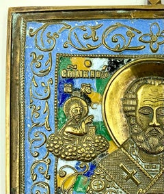 Antique Russian Enamel Bronze Travel Icon, Saint Nicolas The Miracle Worker