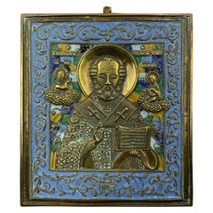 Antique Russian Enamel Bronze Travel Icon, Saint Nicolas The Miracle Worker