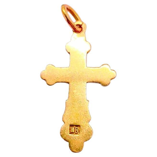 Antique Russian 14k gold cross hand painted jesus crist in multi color enamel hall marked 56 imperial Russian gold standard and Moscow assay mark and assayer intial mark cross length 3.5cm and gold weight 2.75 grams dates back to the Russian tsarist