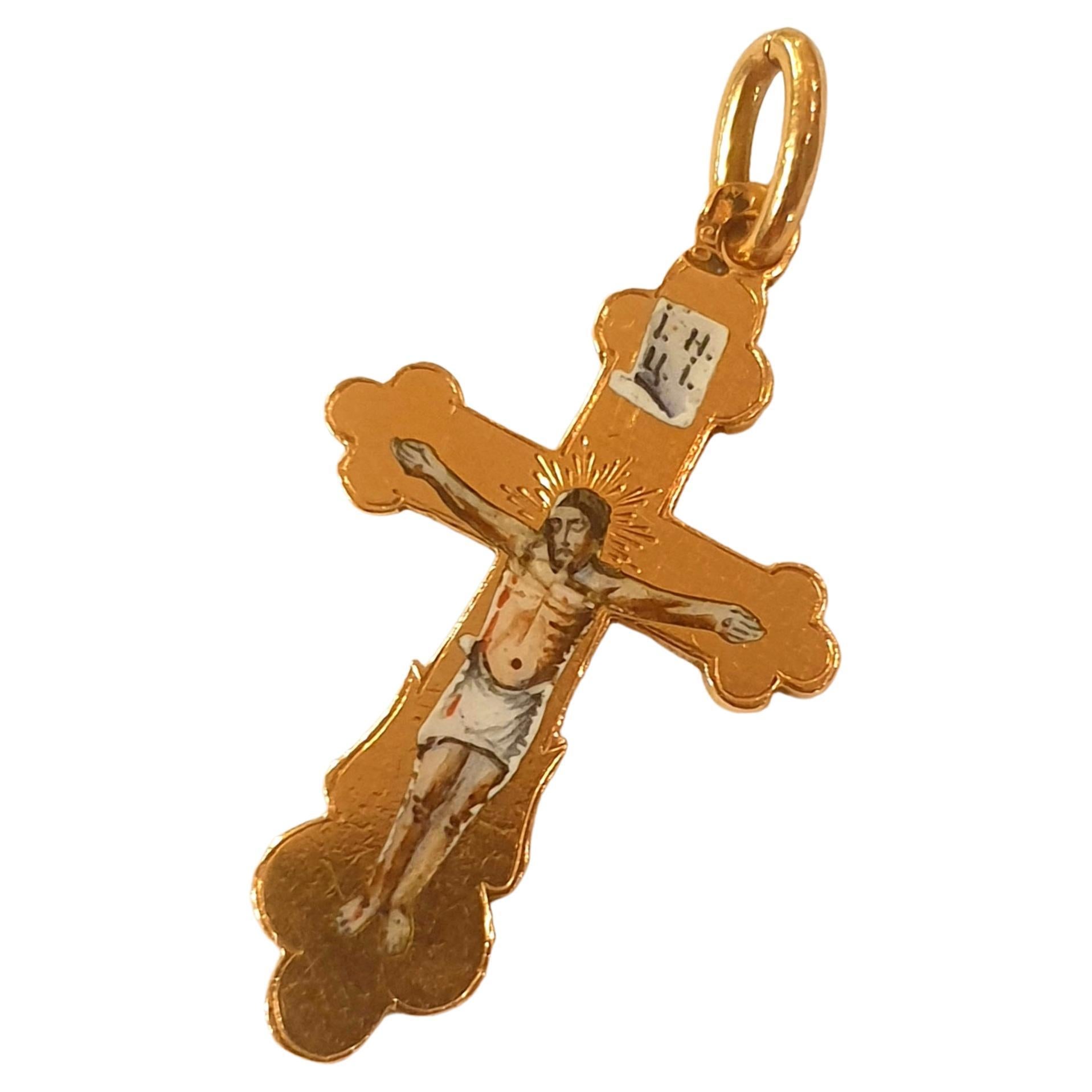 Antique Russian Enamel Gold Cross Pendant In Good Condition For Sale In Cairo, EG