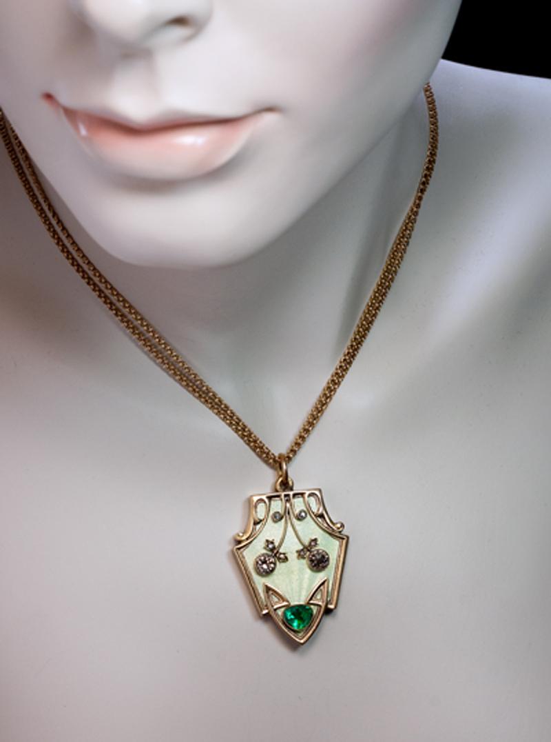 Emerald Cut Antique Russian Enamel Emerald Diamond Gold Art Nouveau Locket