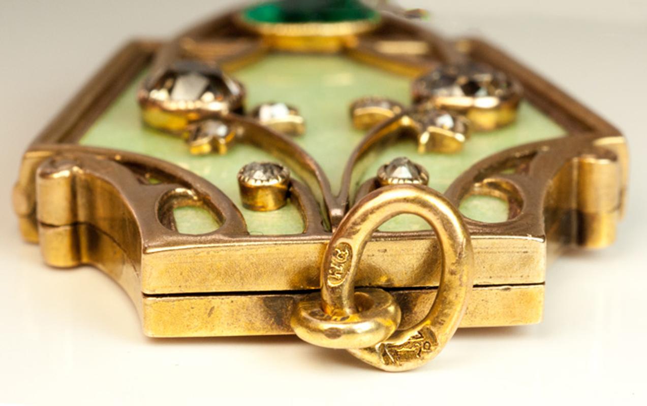 Antique Russian Enamel Emerald Diamond Gold Art Nouveau Locket 4