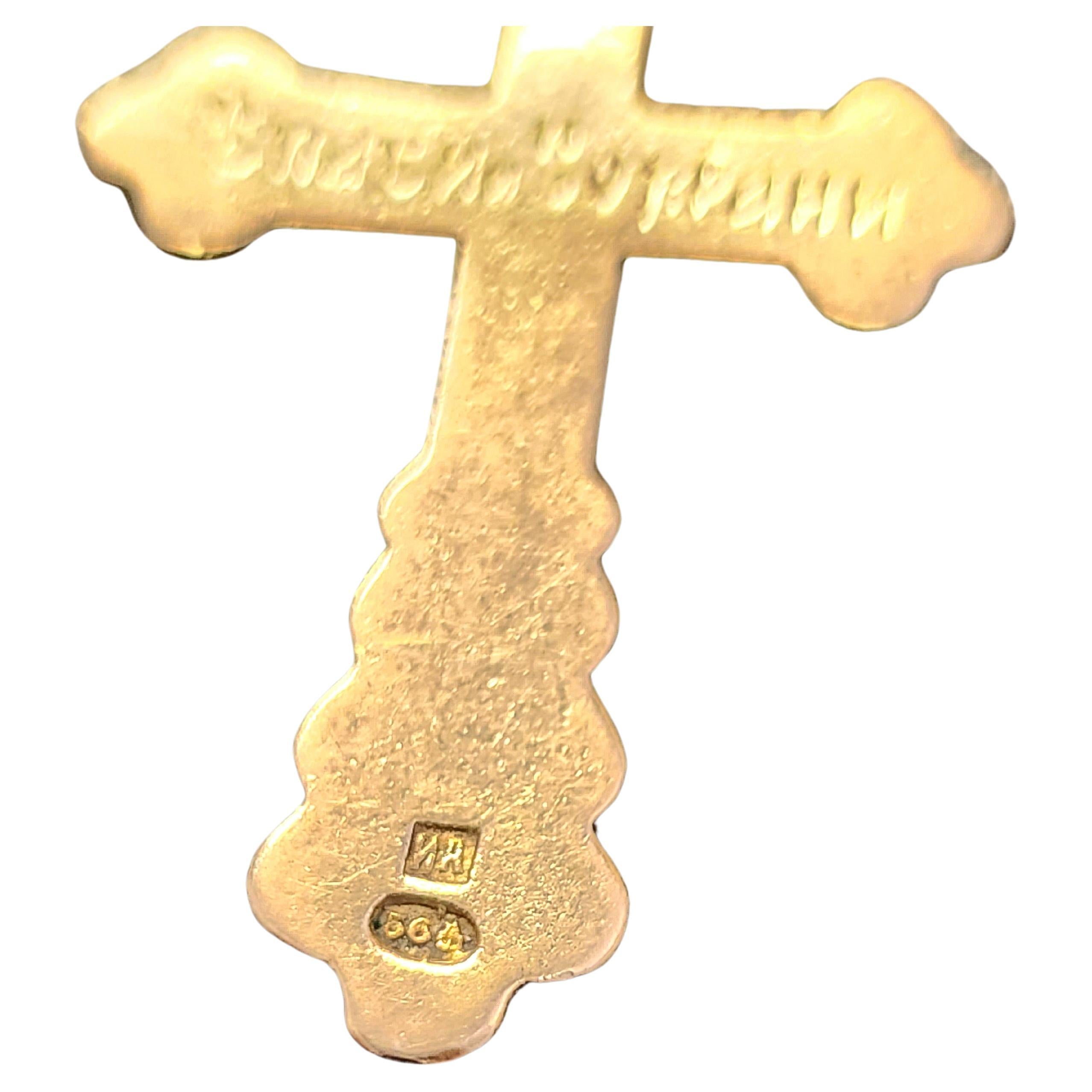 Antique enamel 14k gold cross pendant made during the imperial russian 1904/1907s 4cm lenght engraved on back  (spaci sokrani) or (save and protect) in cyrllic alphabet hall marked 56 imperial russian gold standard and assay mark 