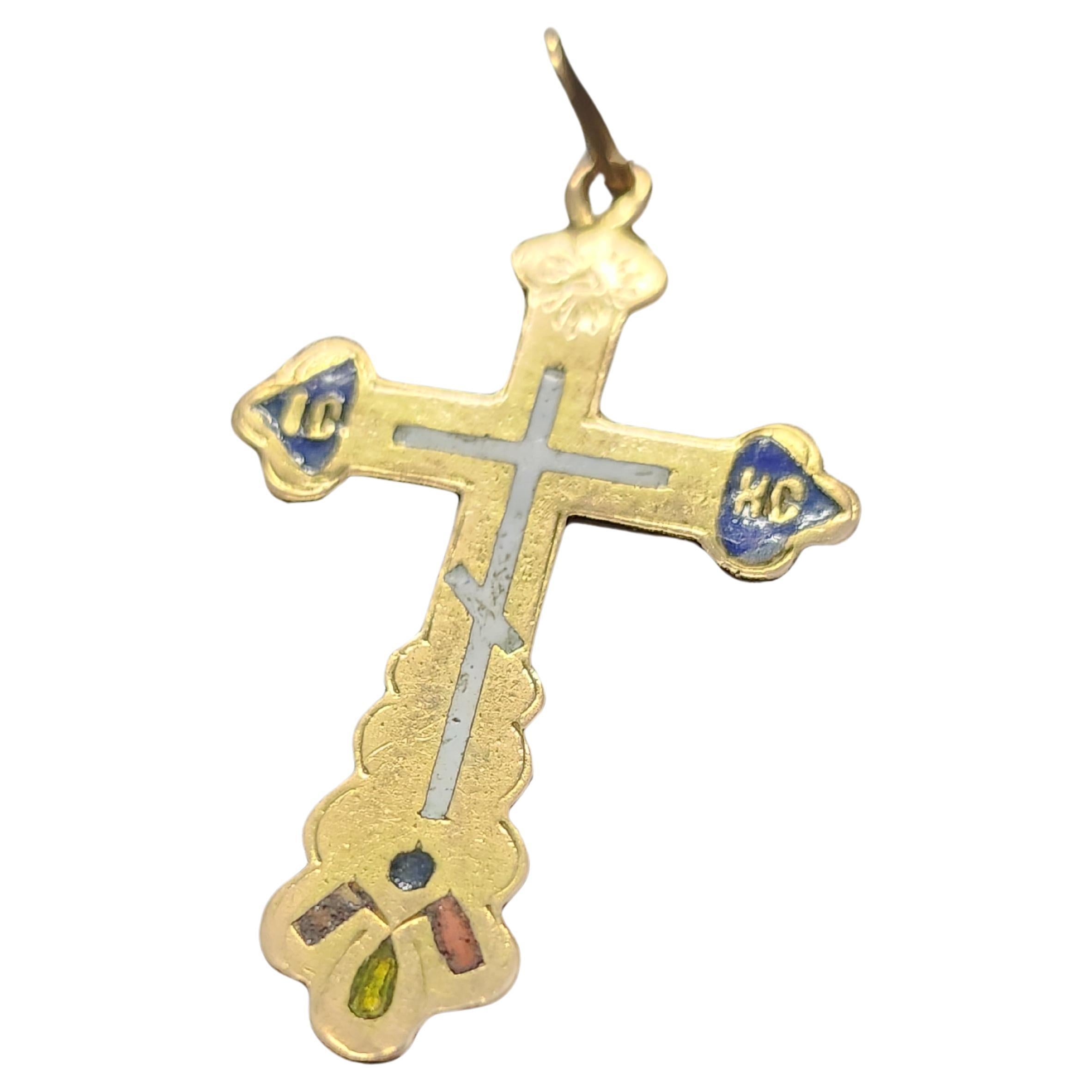 Women's or Men's Antique Russian Enamel Gold Cross Pendant For Sale