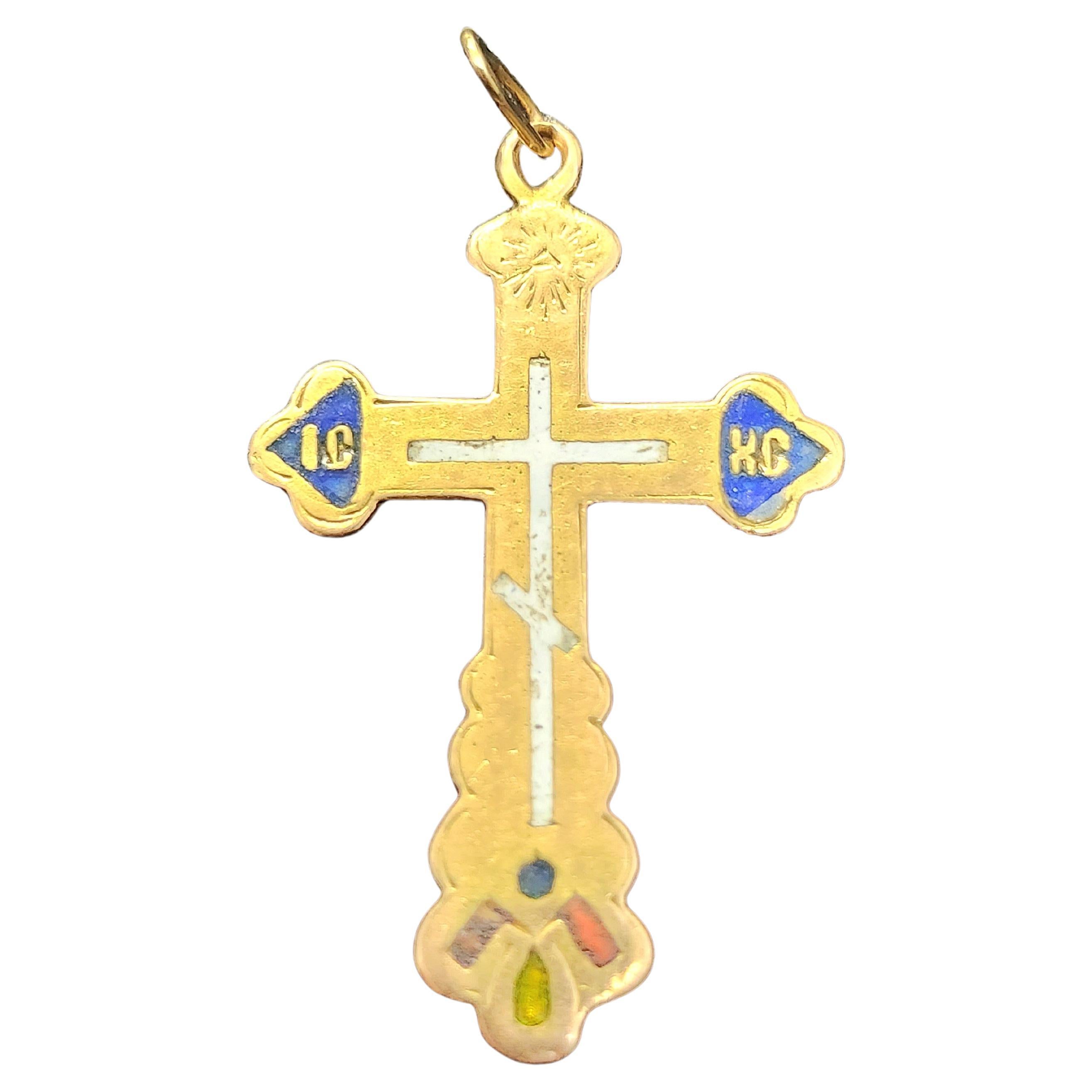 Antique Russian Enamel Gold Cross Pendant For Sale 1