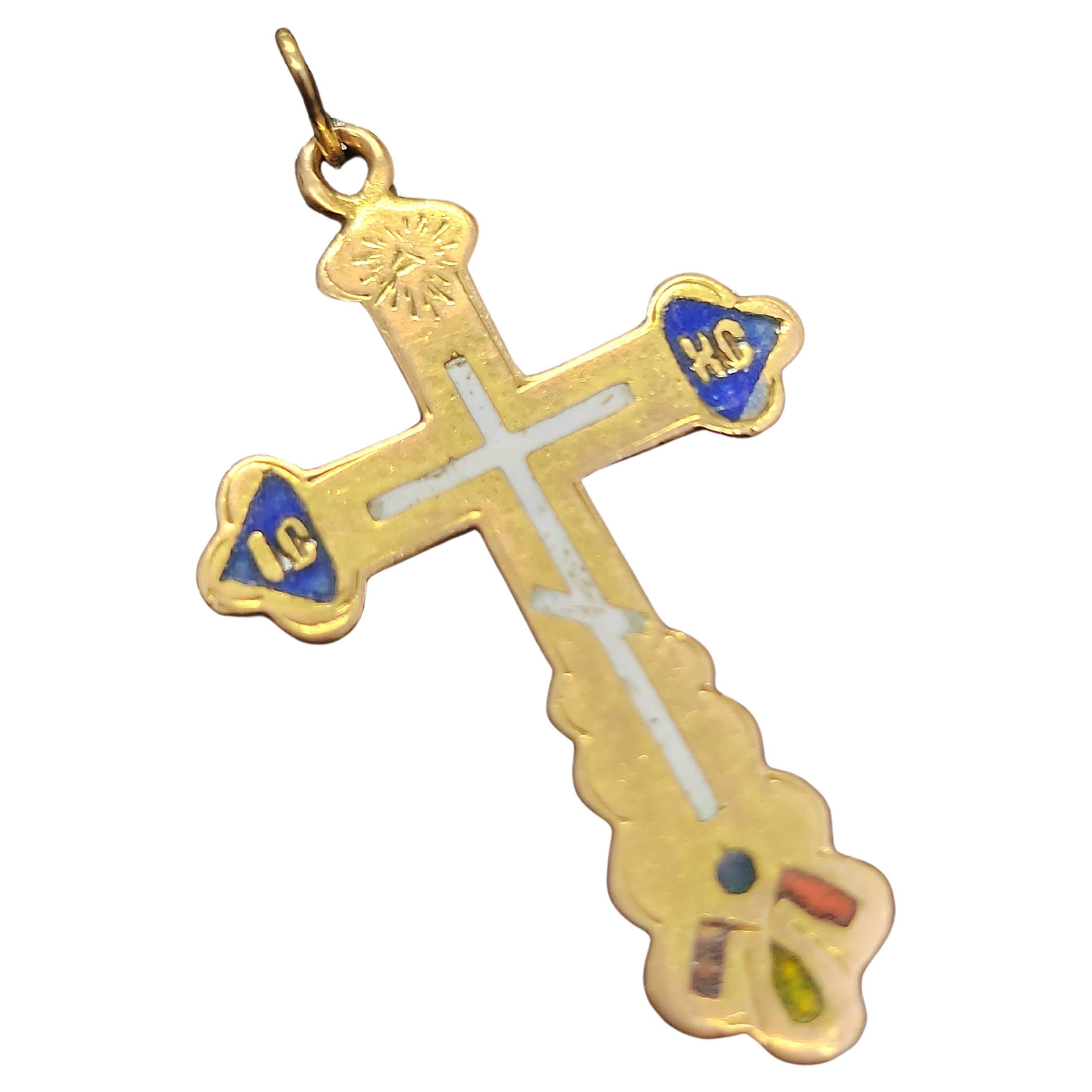 Antique Russian Enamel Gold Cross Pendant For Sale