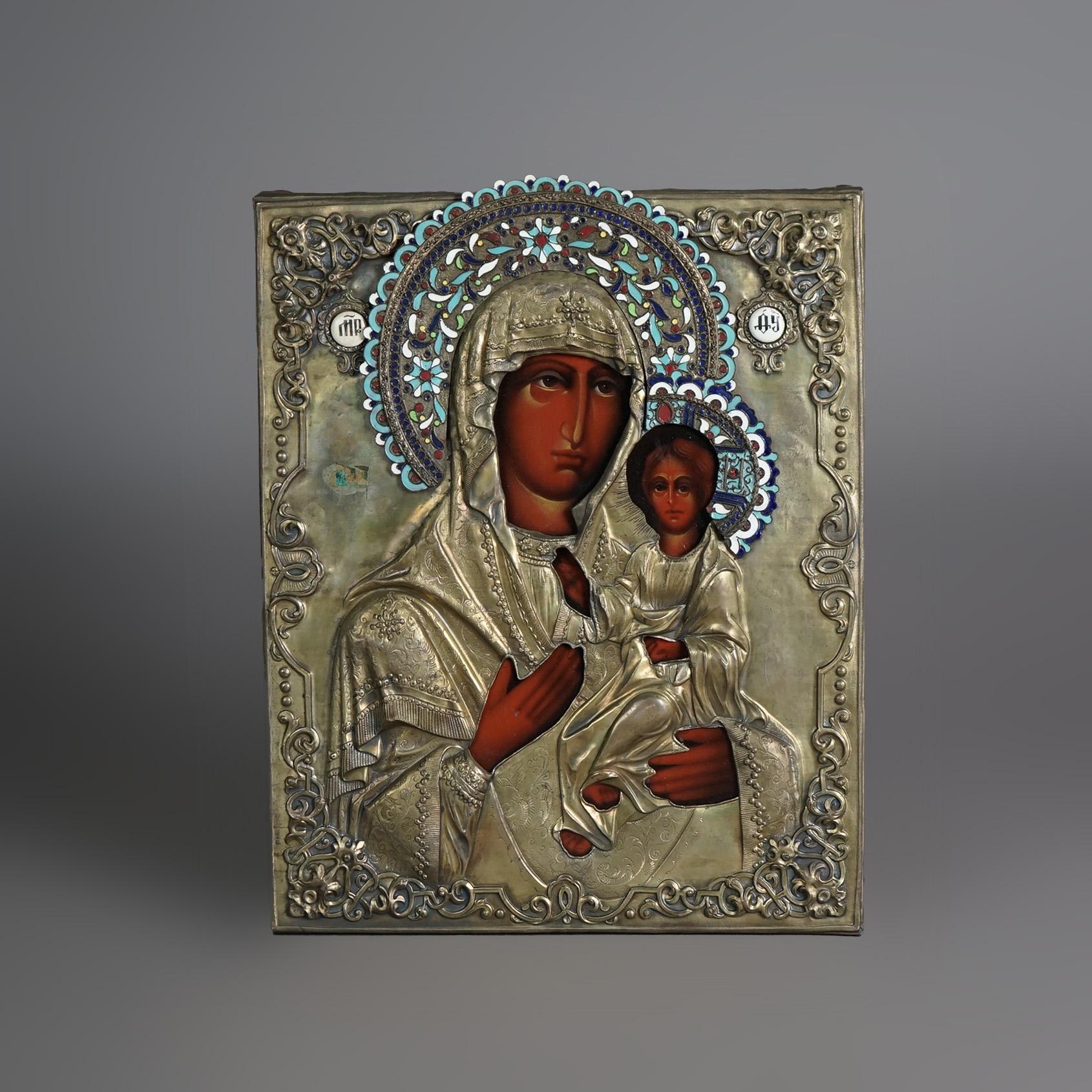 Asian Antique Russian Enameled Brass & Wood Icon Portrait of Mary & Christ Child c1900