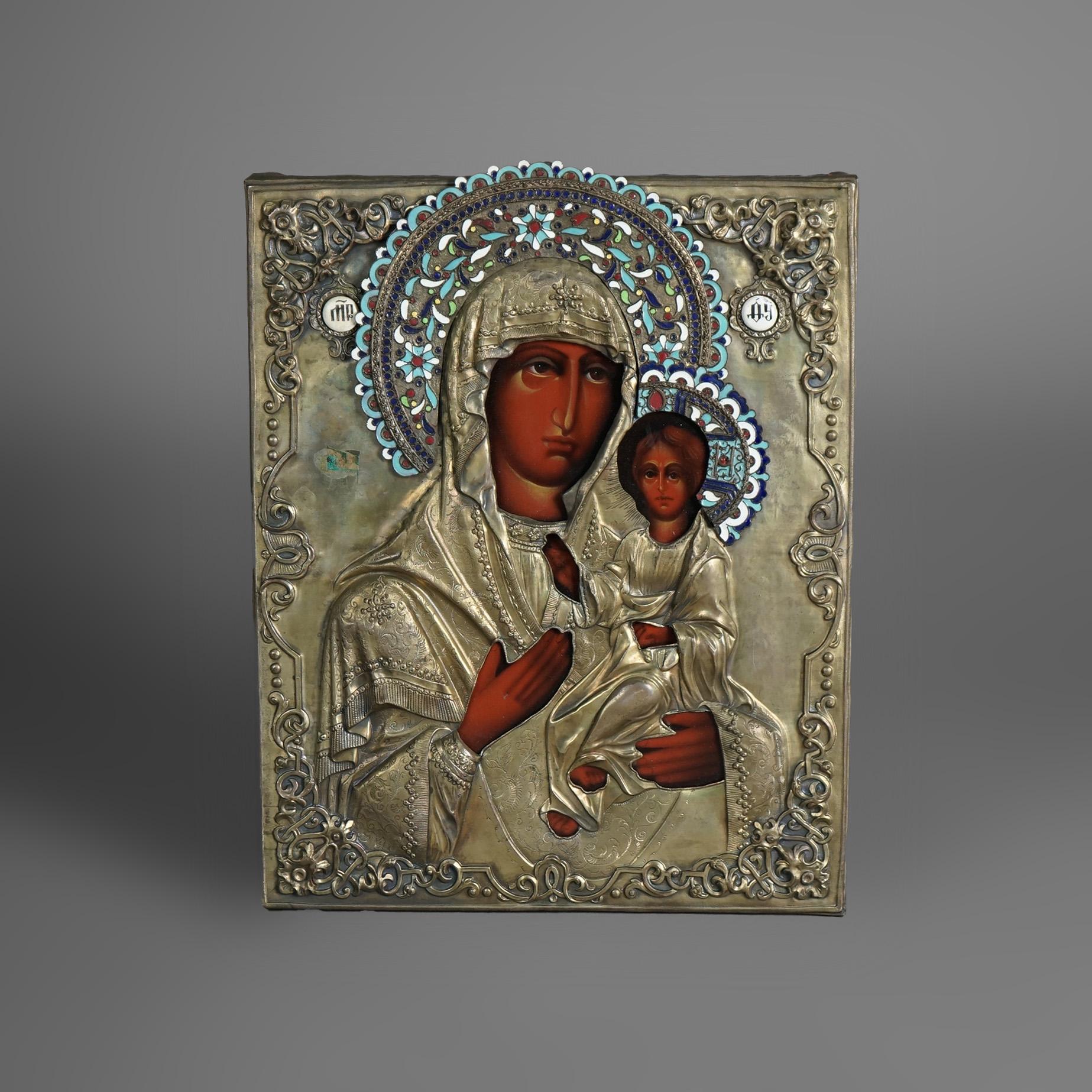 Antique Russian Enameled Brass & Wood Icon Portrait of Mary & Christ Child c1900 In Good Condition In Big Flats, NY