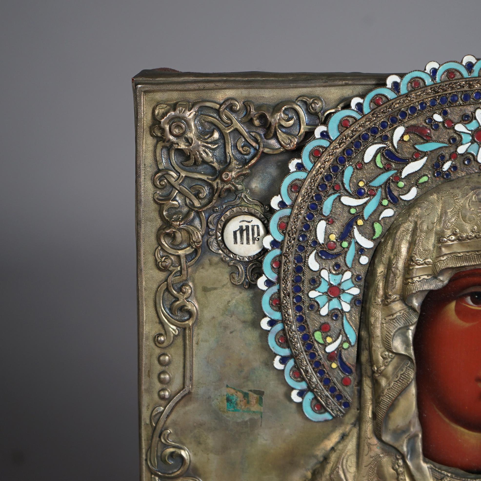 Antique Russian Enameled Brass & Wood Icon Portrait of Mary & Christ Child c1900 1