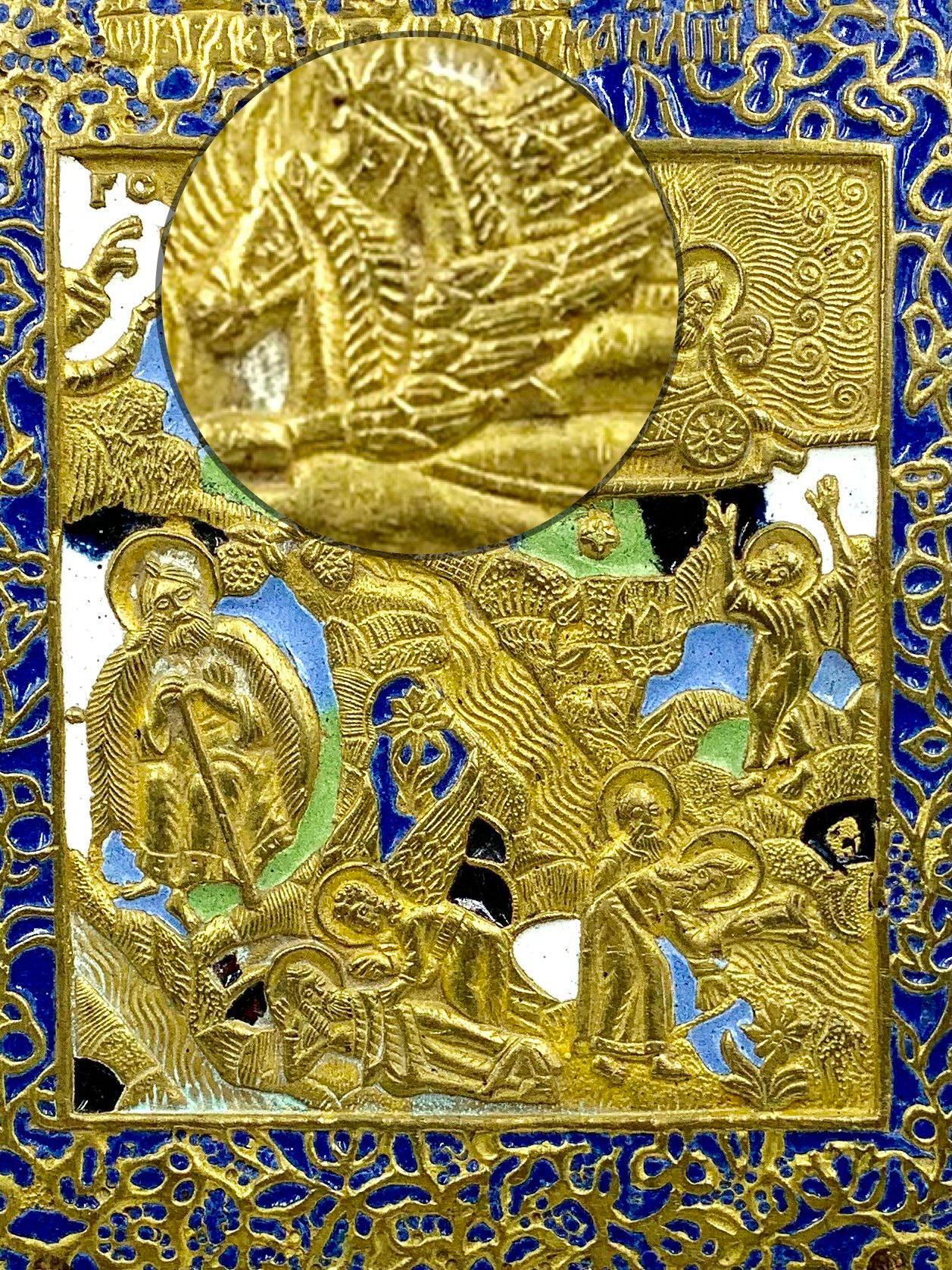 Antike russische Fiery Ascension des Propheten Elijah, seltene 5farbige Emaille-Ikone, Fiery (Russisch) im Angebot