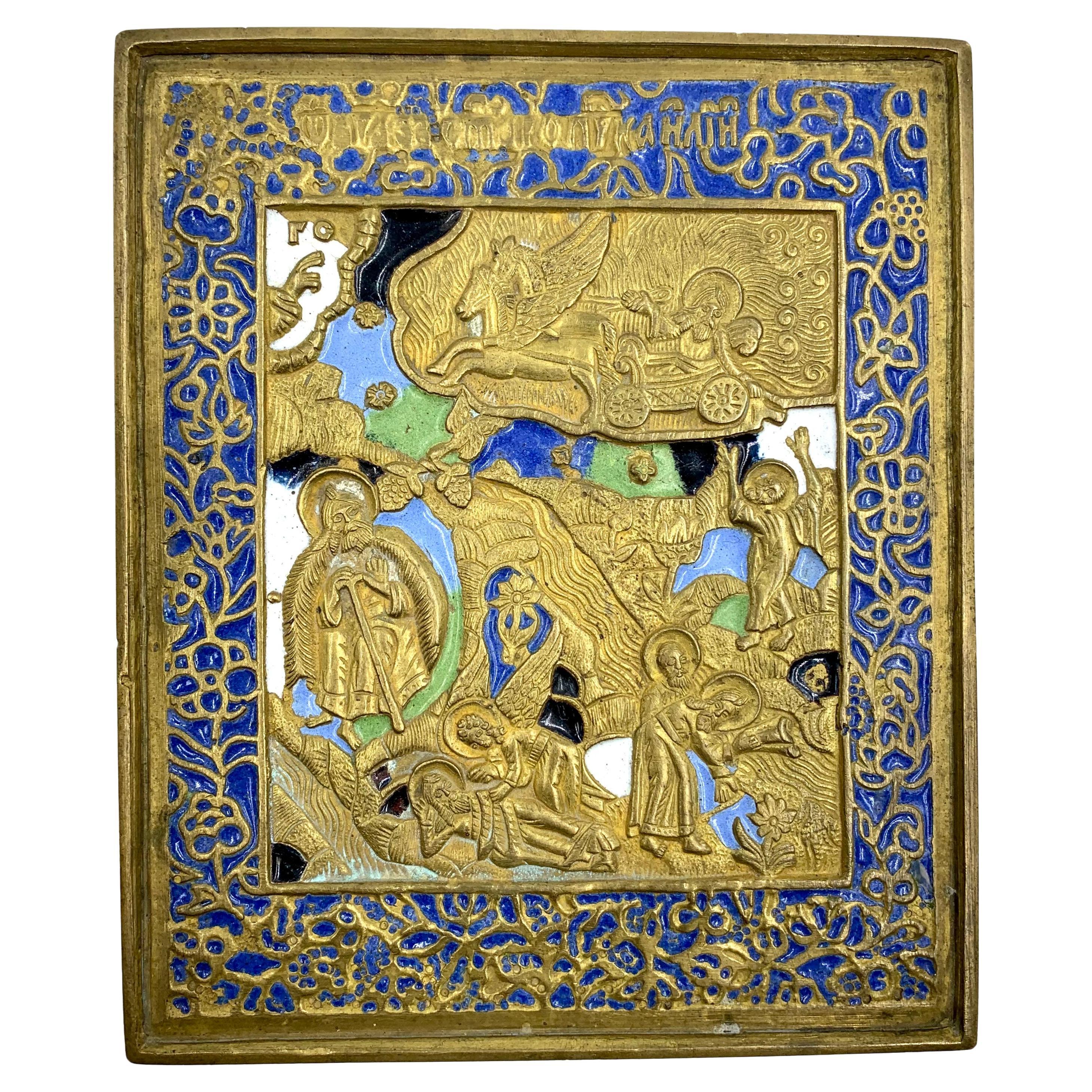 Antique Russian Fiery Ascension of the Prophet Elijah Rare 5 Color Enamel Icon For Sale