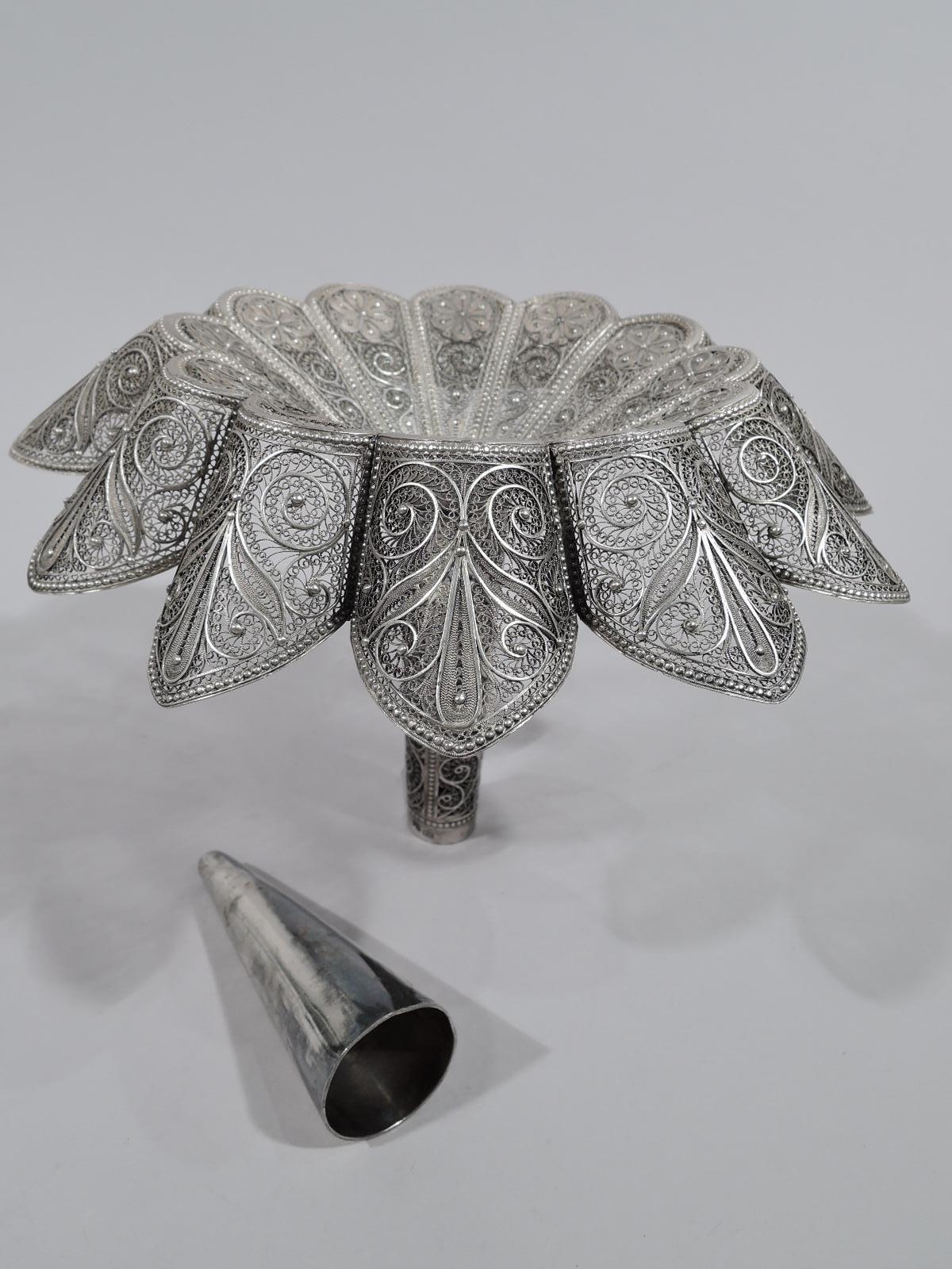 Antique Russian 875 posy holder, circa 1880. Shallow cone with lobed and turned-down petal rim, and tapering cylindrical hollow handle. Allover filigree with stylized leaves, flower heads, and scrolls. Mono-plate engraved with initials—possibly