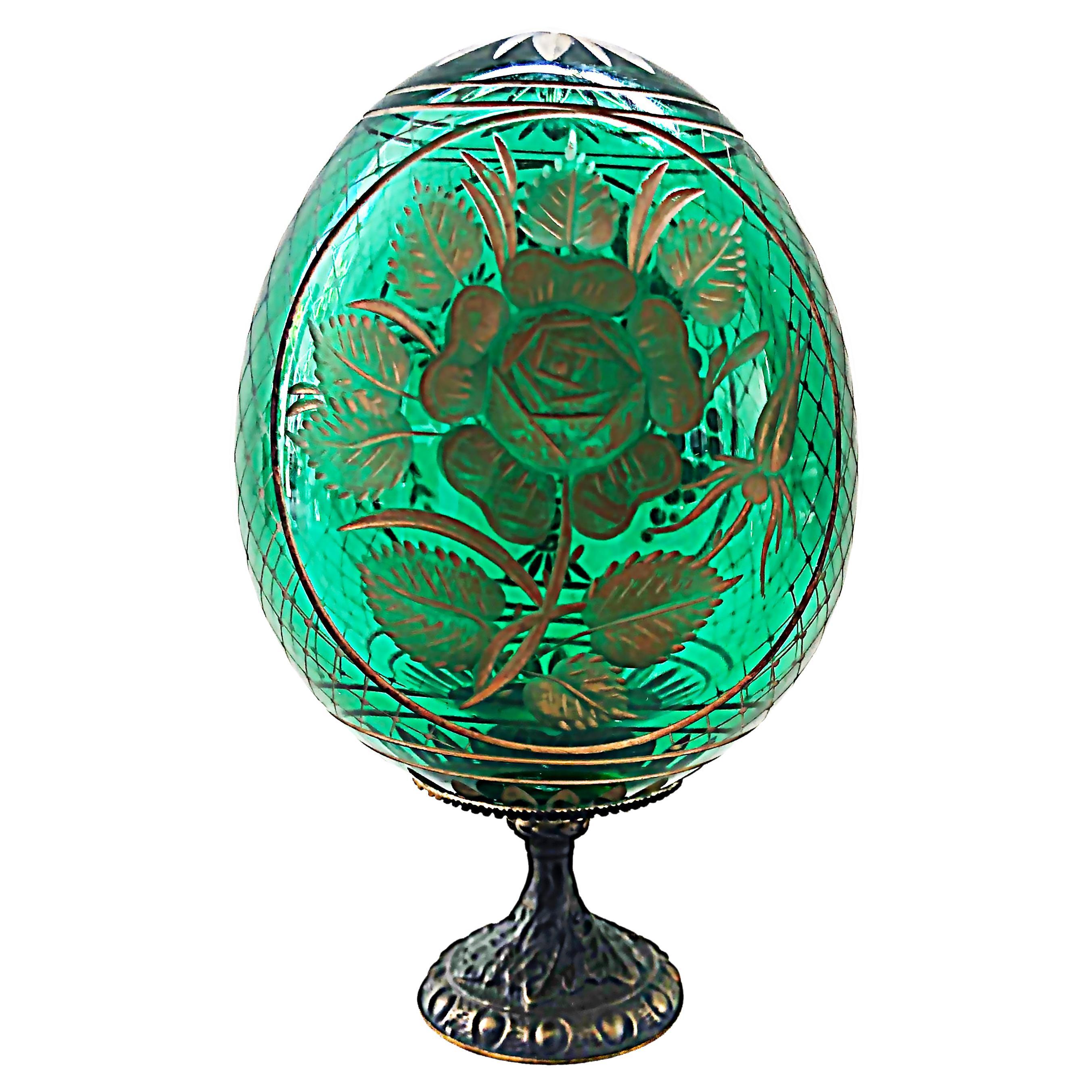 Antique Russian Floral Cut Crystal Egg on Brass Stand