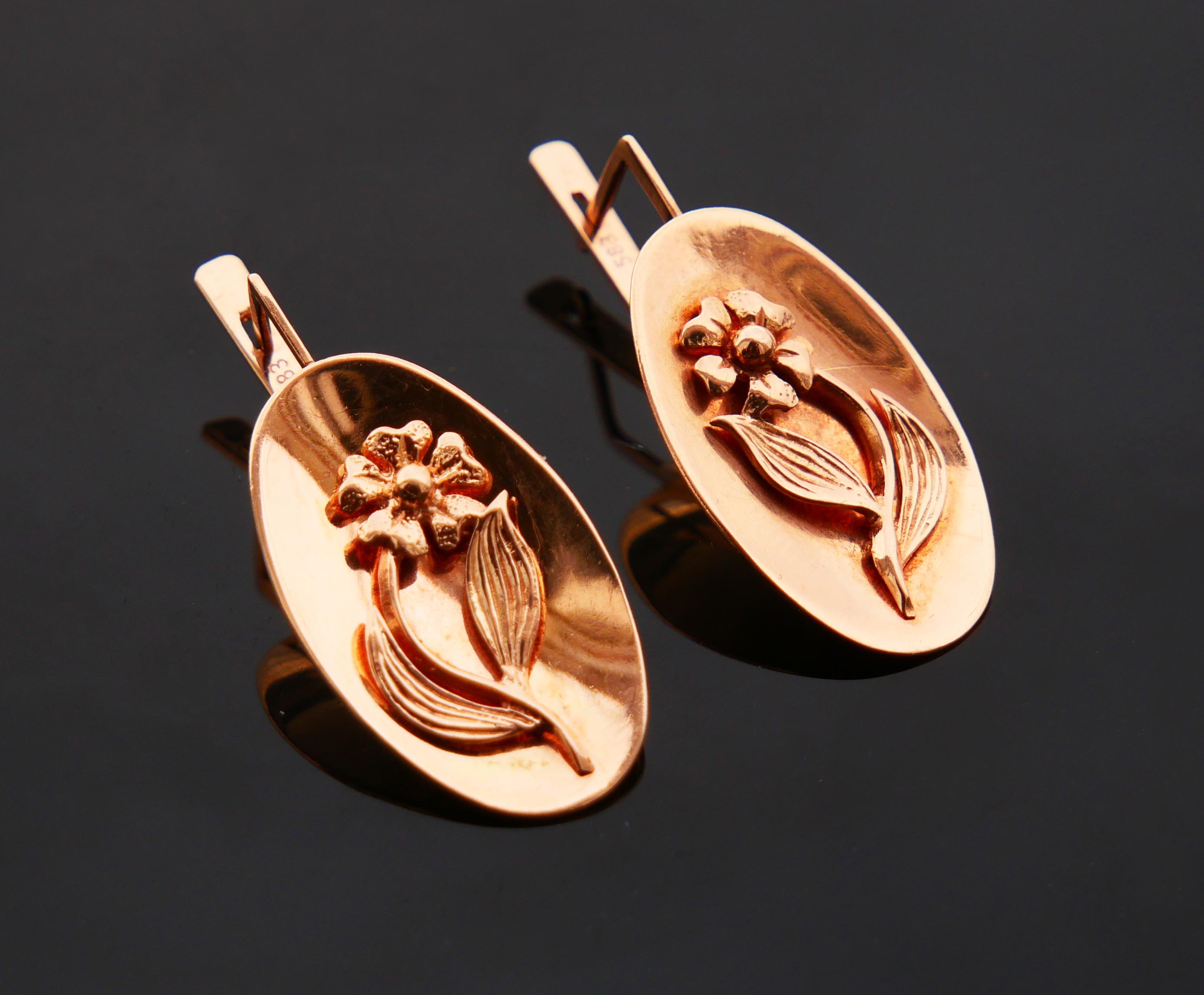 Pendientes Flores Rusas Antiguas oro rosa macizo 14K /8.9 gr Art Nouveau en venta
