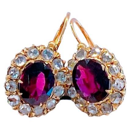 Women's Antique Garnet And Rose Cut Diamond Russian Gold Earrings For Sale