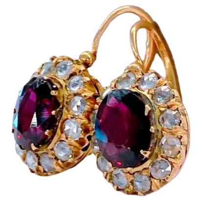 Antique Garnet And Rose Cut Diamond Russian Gold Earrings For Sale 1