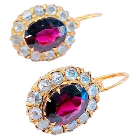 Antique Garnet And Rose Cut Diamond Russian Gold Earrings For Sale