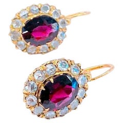 Antique Garnet And Rose Cut Diamond Russian Gold Earrings