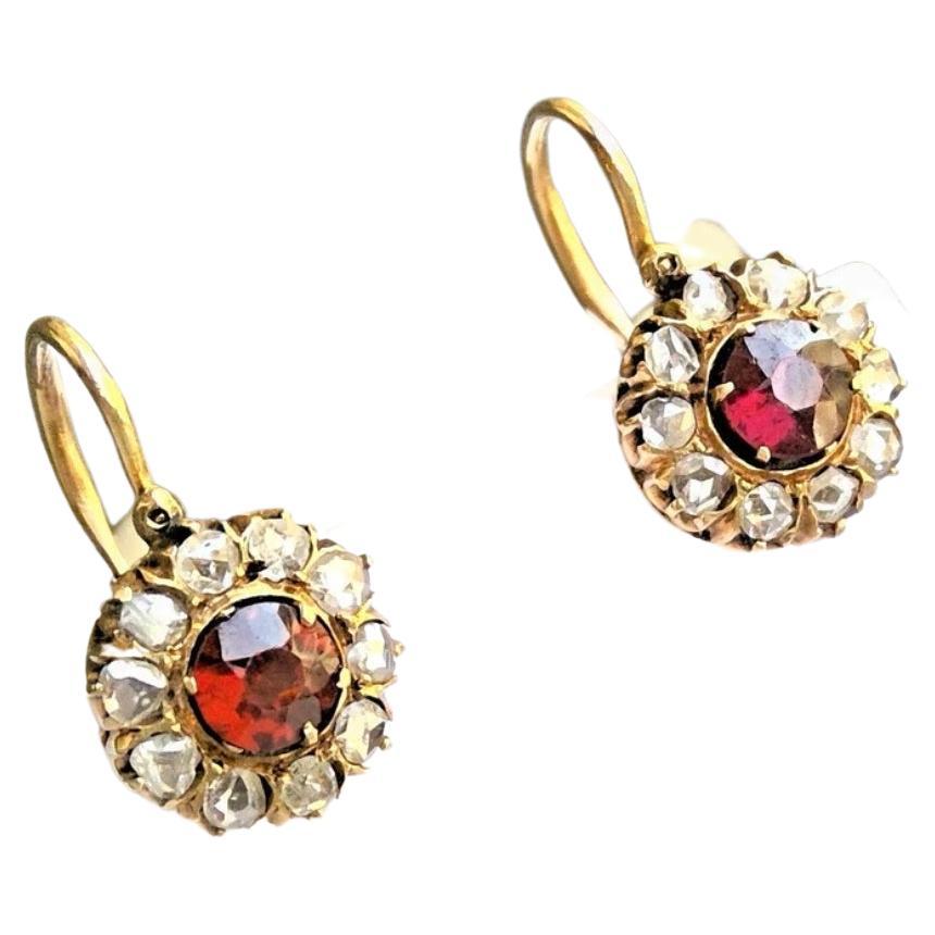 Antique Garnet And Rose Cut Diamond Russian Gold Earrings