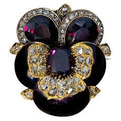 Antique Russian Garnet Enamel Diamond Gold Pansy Brooch