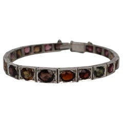 Antique Russian Garnet & Tourmaline Engraved Silver Bracelet