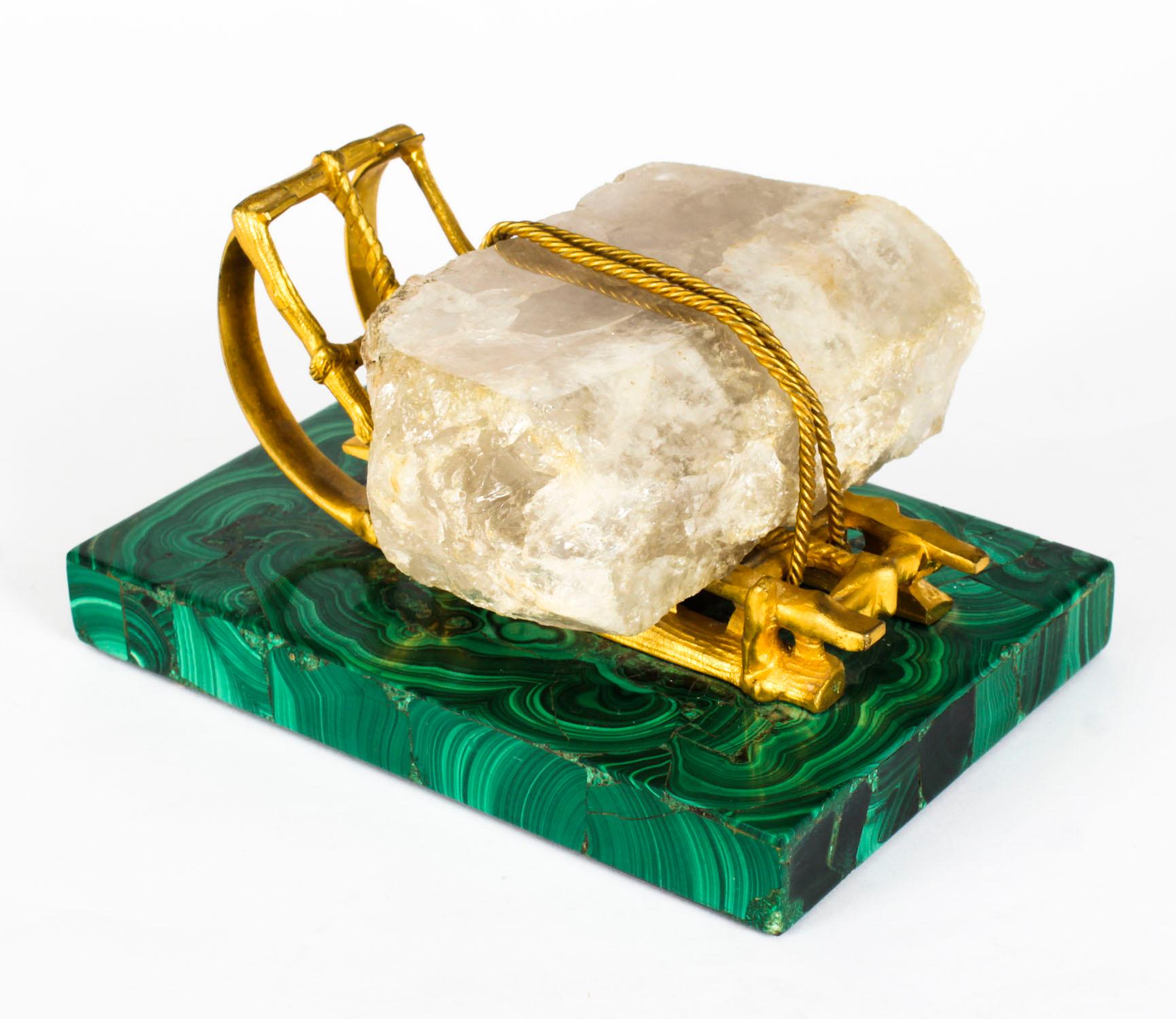 Antique Russian Gilt Bronze Malachite Rock Crystal Sleigh Sculpture C 1870 7