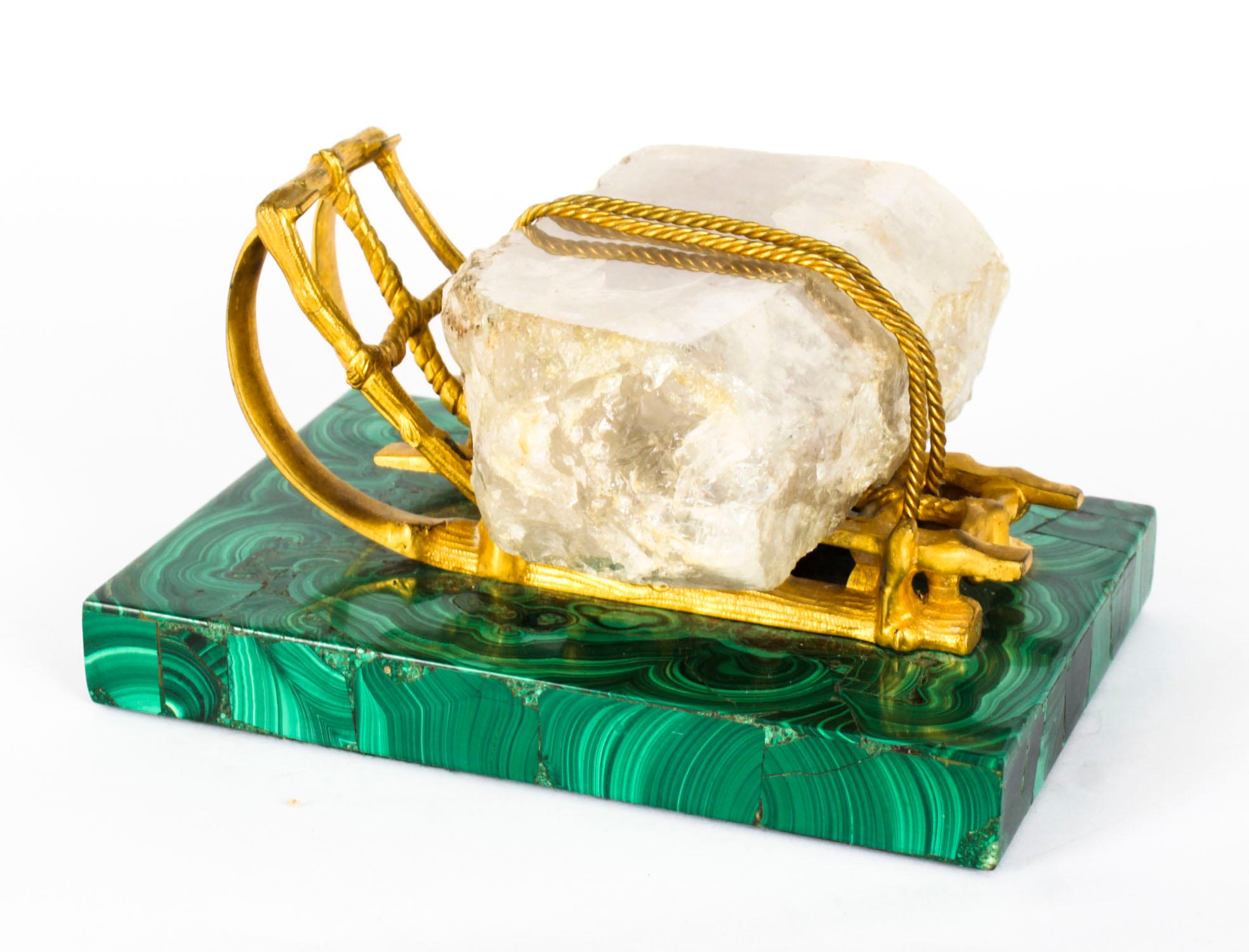 Antique Russian Gilt Bronze Malachite Rock Crystal Sleigh Sculpture C 1870 10