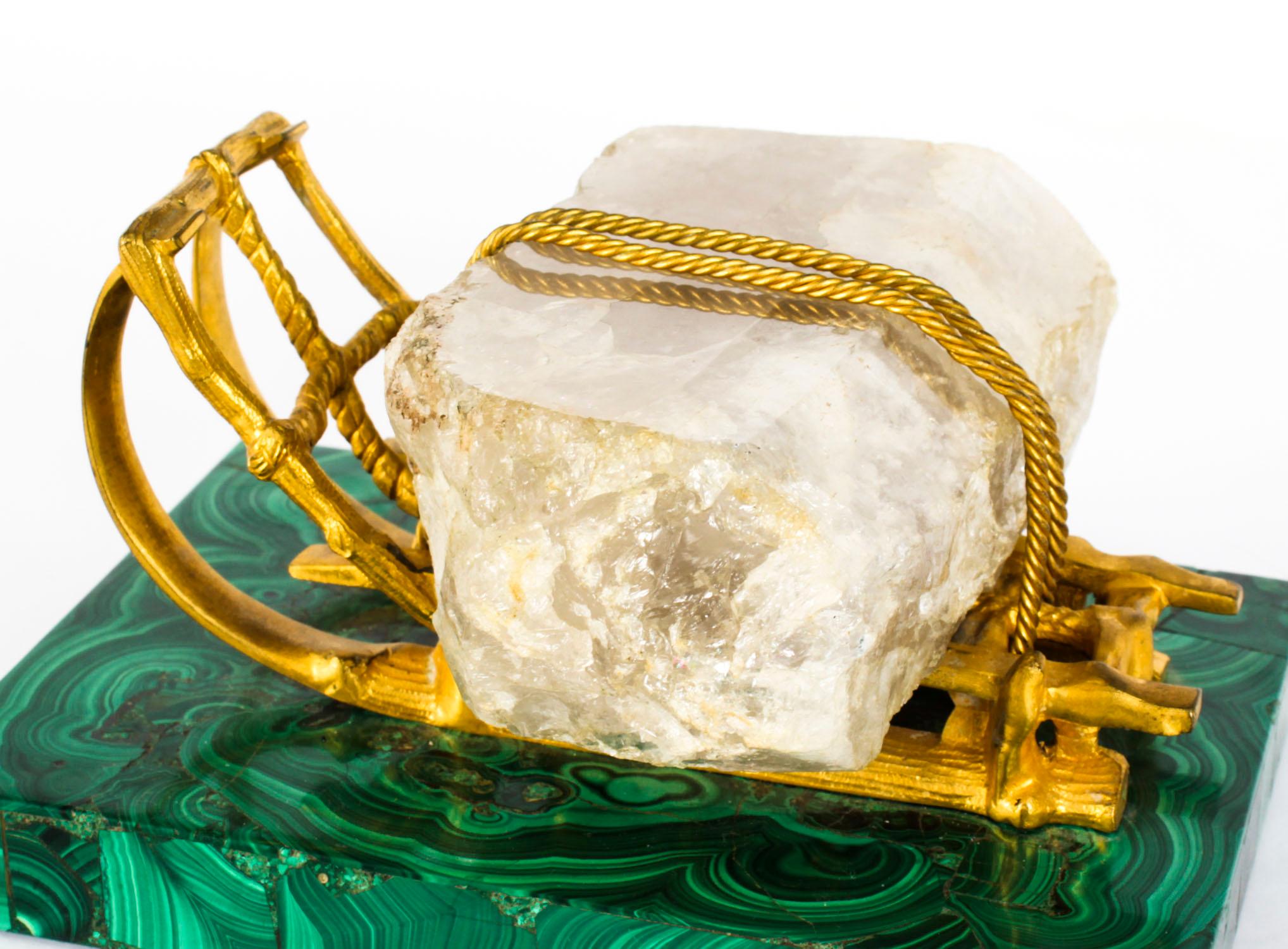 Antique Russian Gilt Bronze Malachite Rock Crystal Sleigh Sculpture C 1870 In Good Condition In London, GB