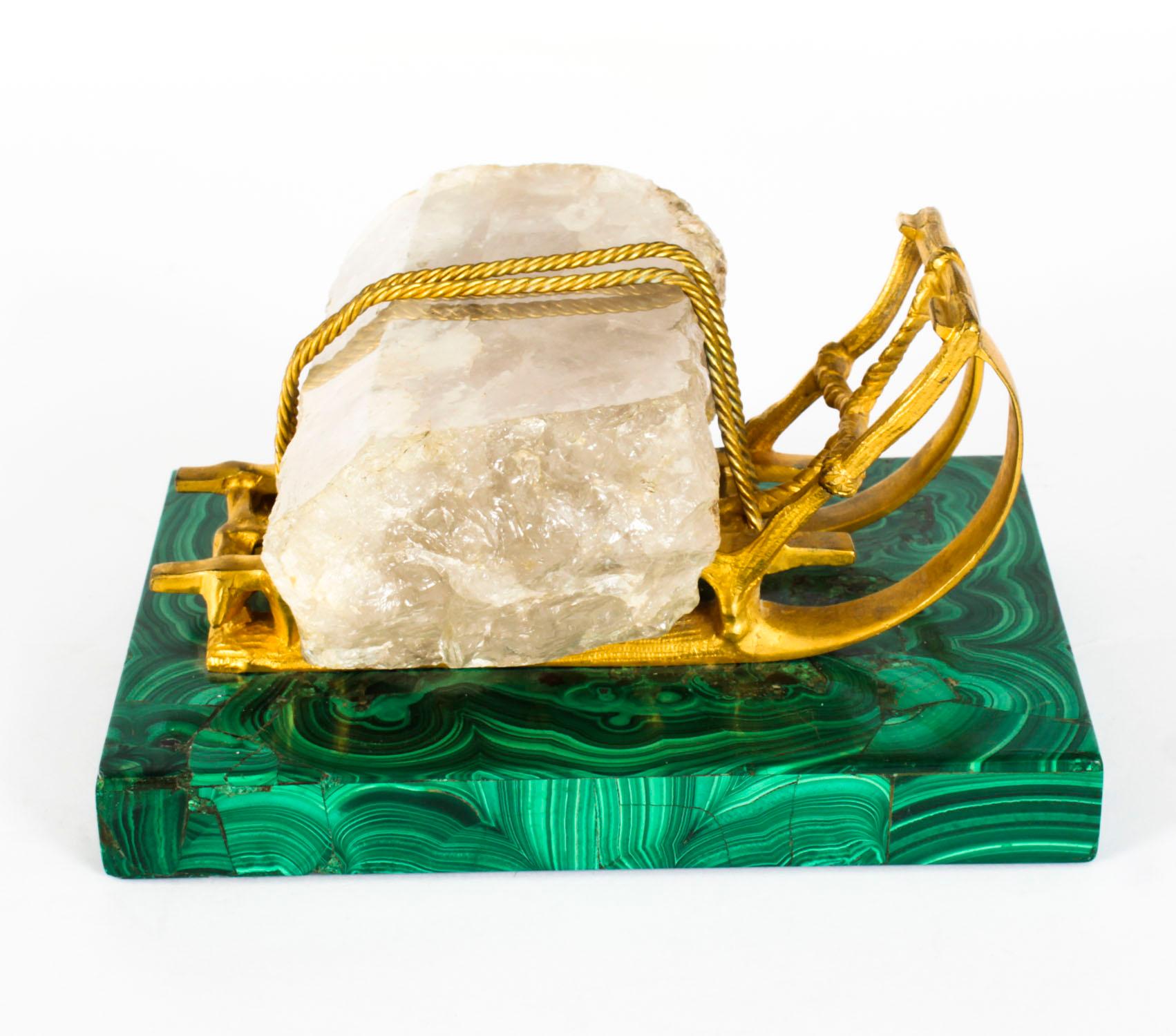 Antique Russian Gilt Bronze Malachite Rock Crystal Sleigh Sculpture C 1870 1