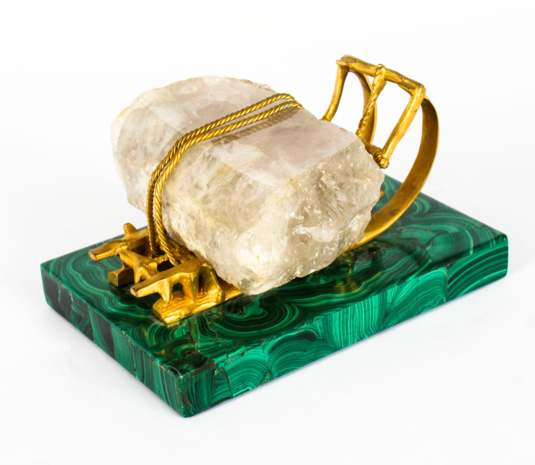 Antique Russian Gilt Bronze Malachite Rock Crystal Sleigh Sculpture C 1870 2