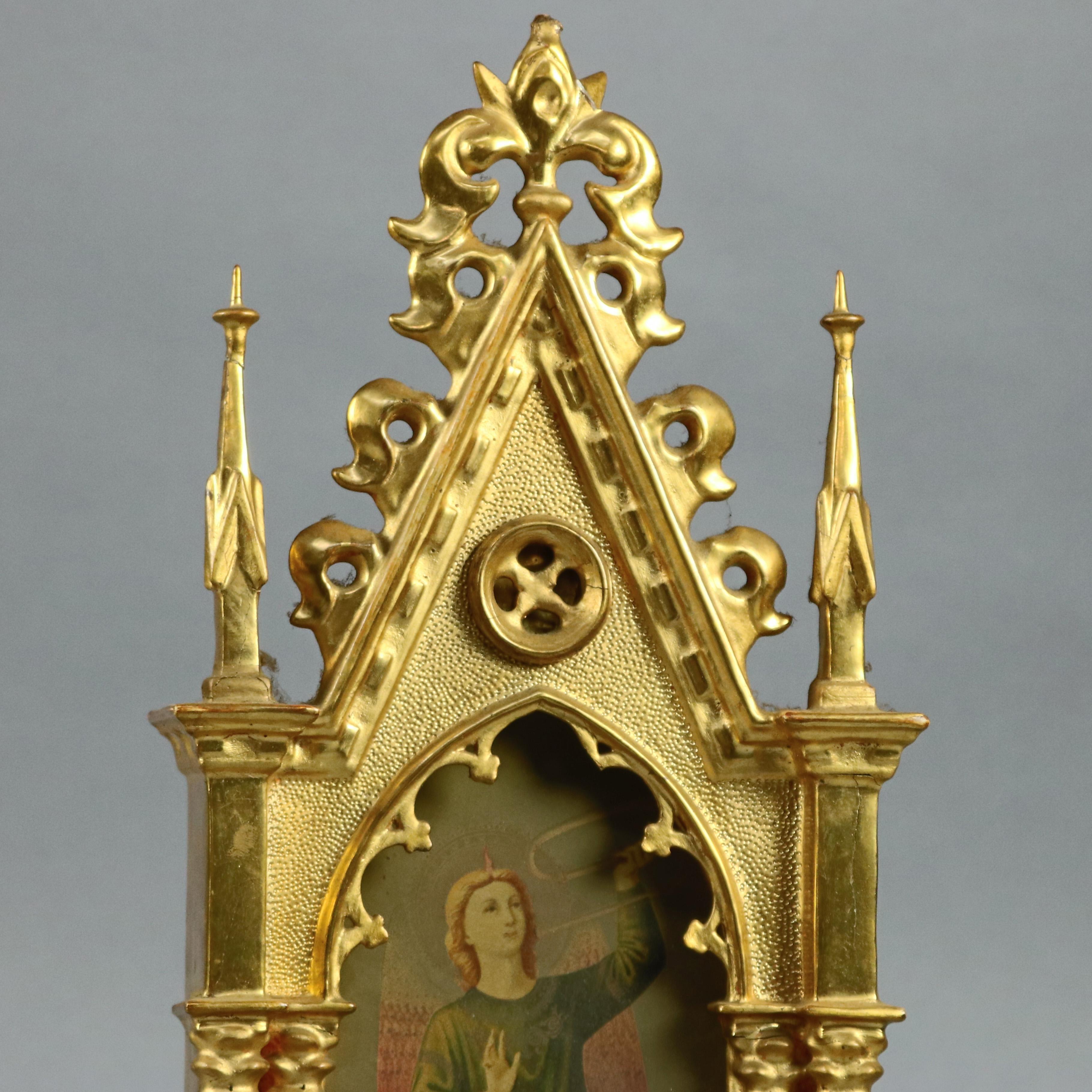 Hand-Painted Antique Russian Giltwood and Hand Painted Cathedral Form Icon, circa 1890