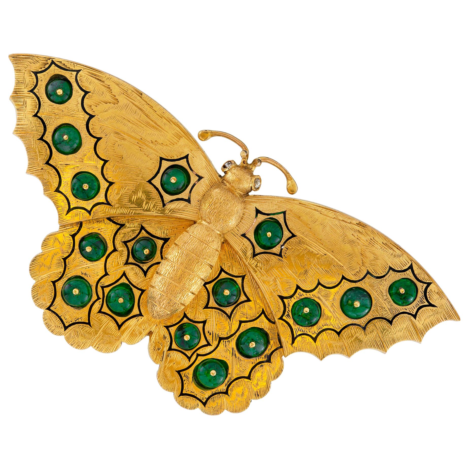Antique Russian Gold and Emerald Butterfly Brooch
