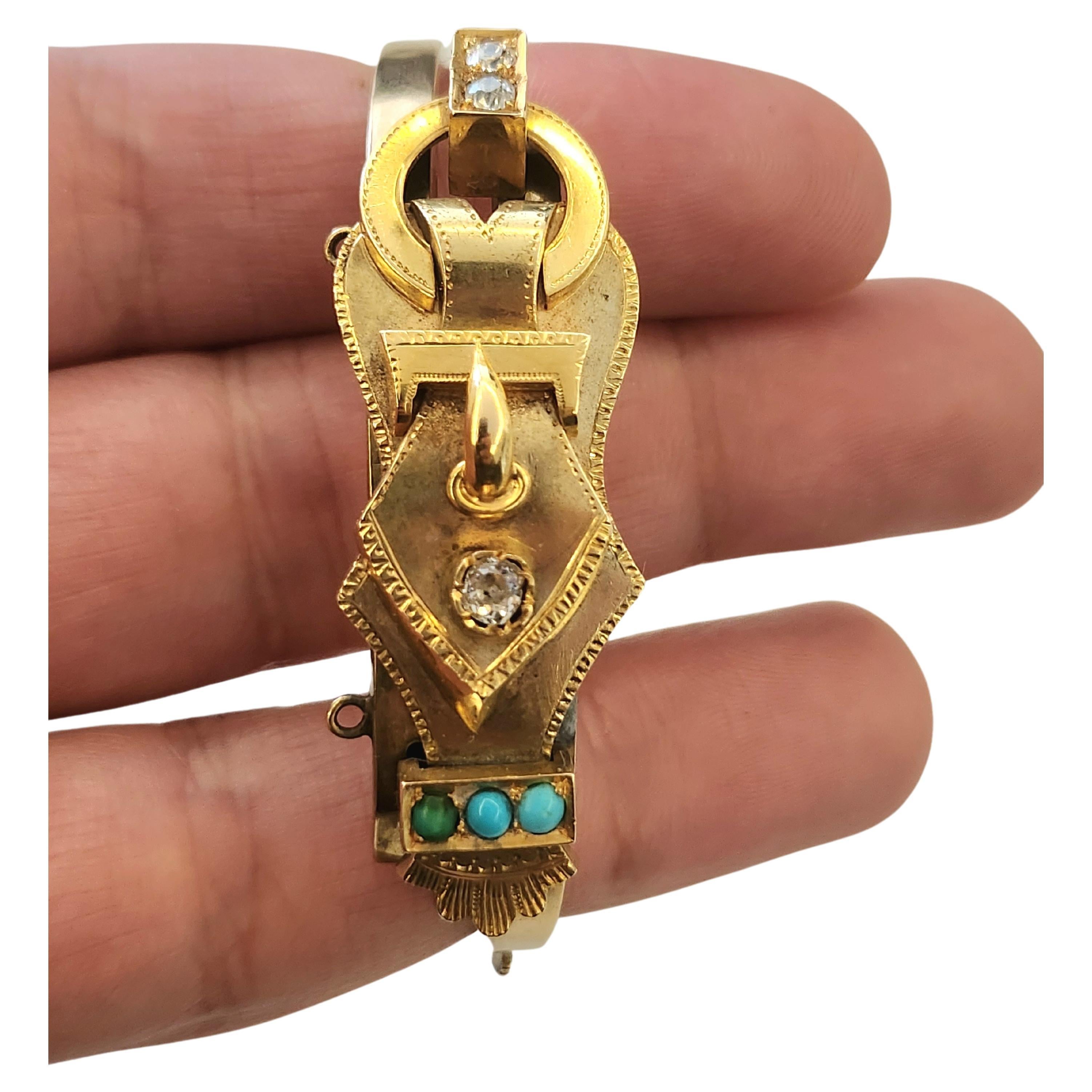 Antiguo brazalete de oro de 14 quilates de la época imperial rusa 1850/1880.c brazalete con hebilla decorado con diamantes tallados en mina antigua y piedras de terquesa azul el brazalete fue hecho en la ciudad de san petersburgo durante la época