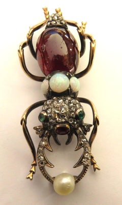 Antique Russian Gold Diamond Garnet Emerald Opal Natural Pearl Cicada Pin Brooch