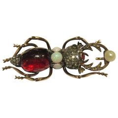 Antique Russian Gold Diamond Garnet Emerald Opal Natural Pearl Cicada Pin Brooch