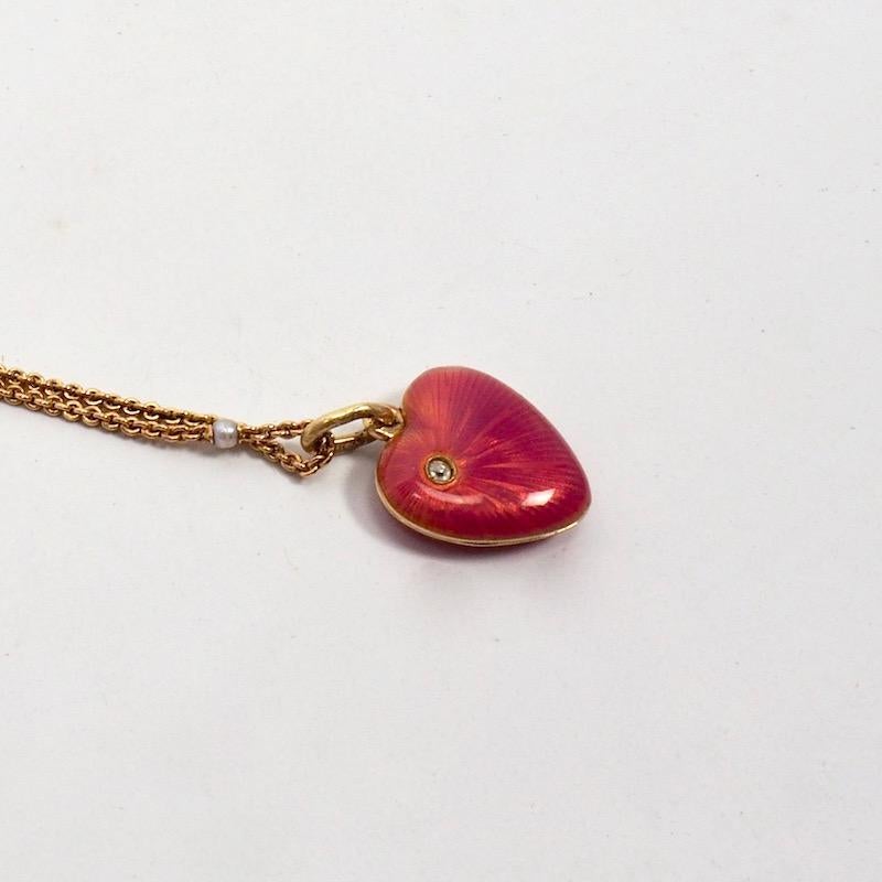 Russian Empire Antique Russian Gold Guilloche Enamel Heart Shaped Locket with Diamond Accent
