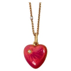 Vintage Russian Gold Guilloche Enamel Heart Shaped Locket with Diamond Accent