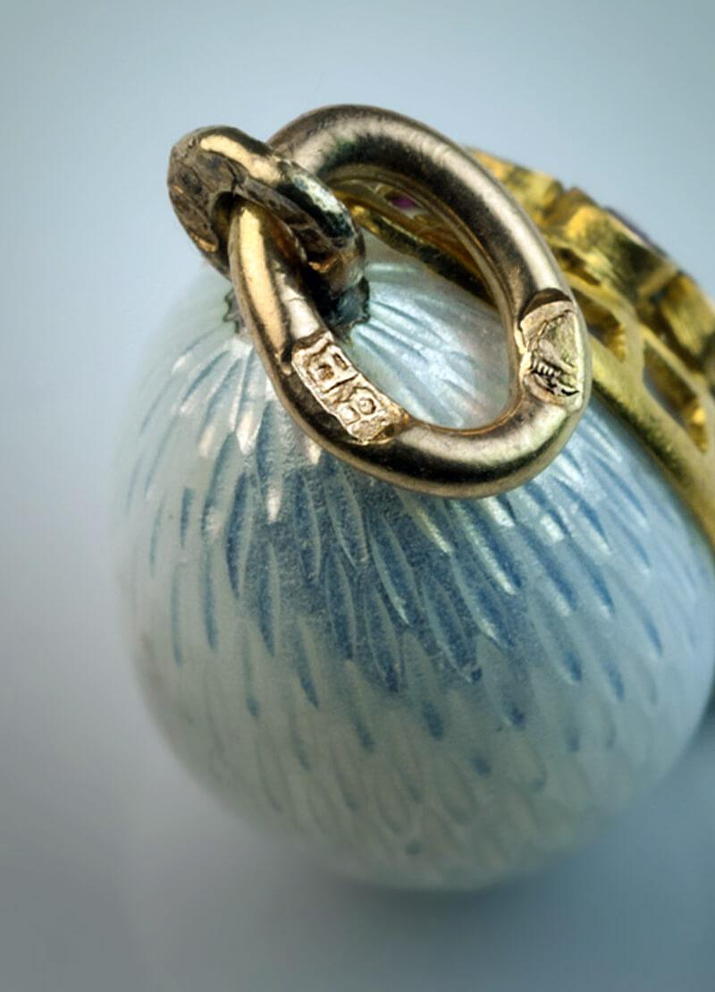 Women's or Men's Antique Russian Gold Ruby Guilloche Enamel Egg Pendant