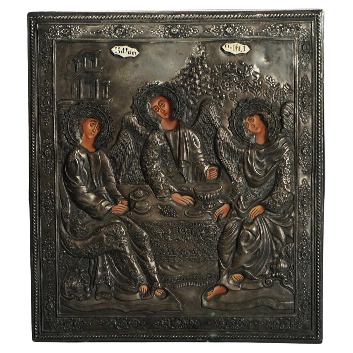 Antique Russian Holy Trinity Icon with Hallmarks C1920 For Sale