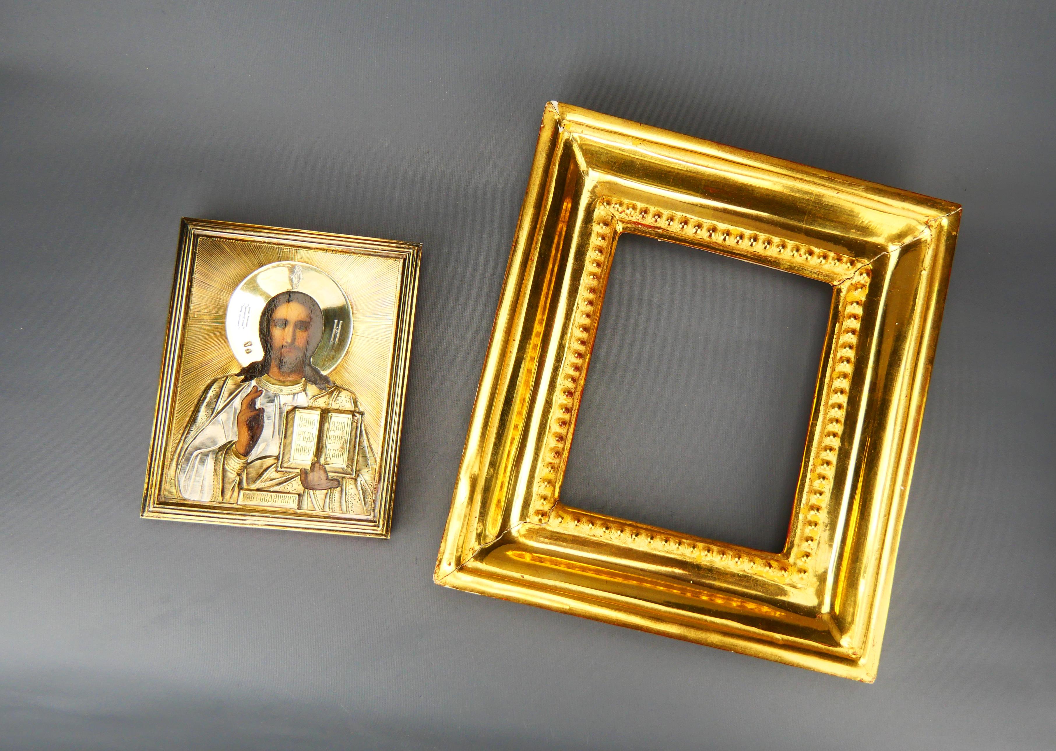 Antique Russian Icon Christ Pantocrator Gilt 84 Silver with Kiot For Sale 6