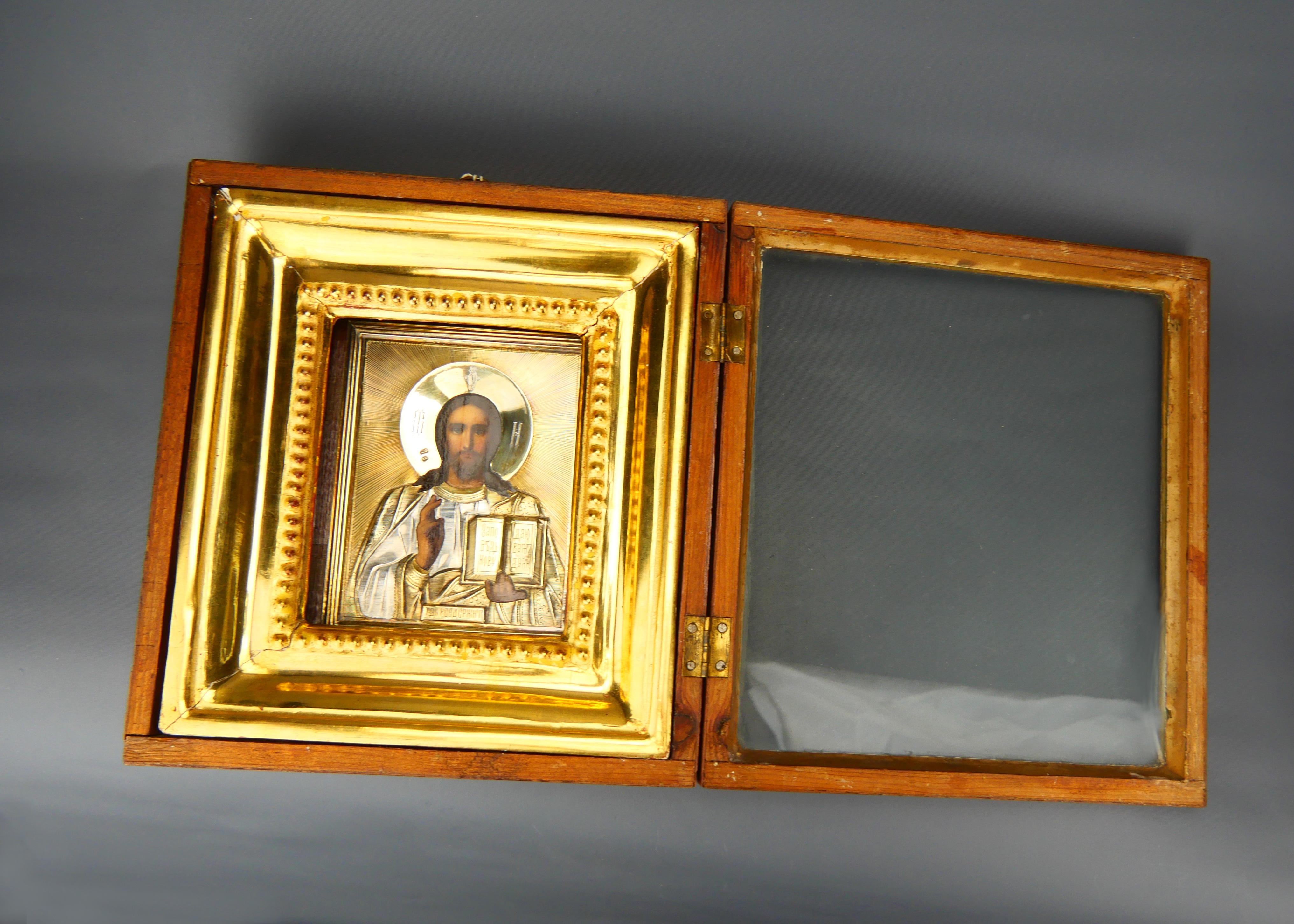 Antique Russian Icon Christ Pantocrator Gilt 84 Silver with Kiot For Sale 7