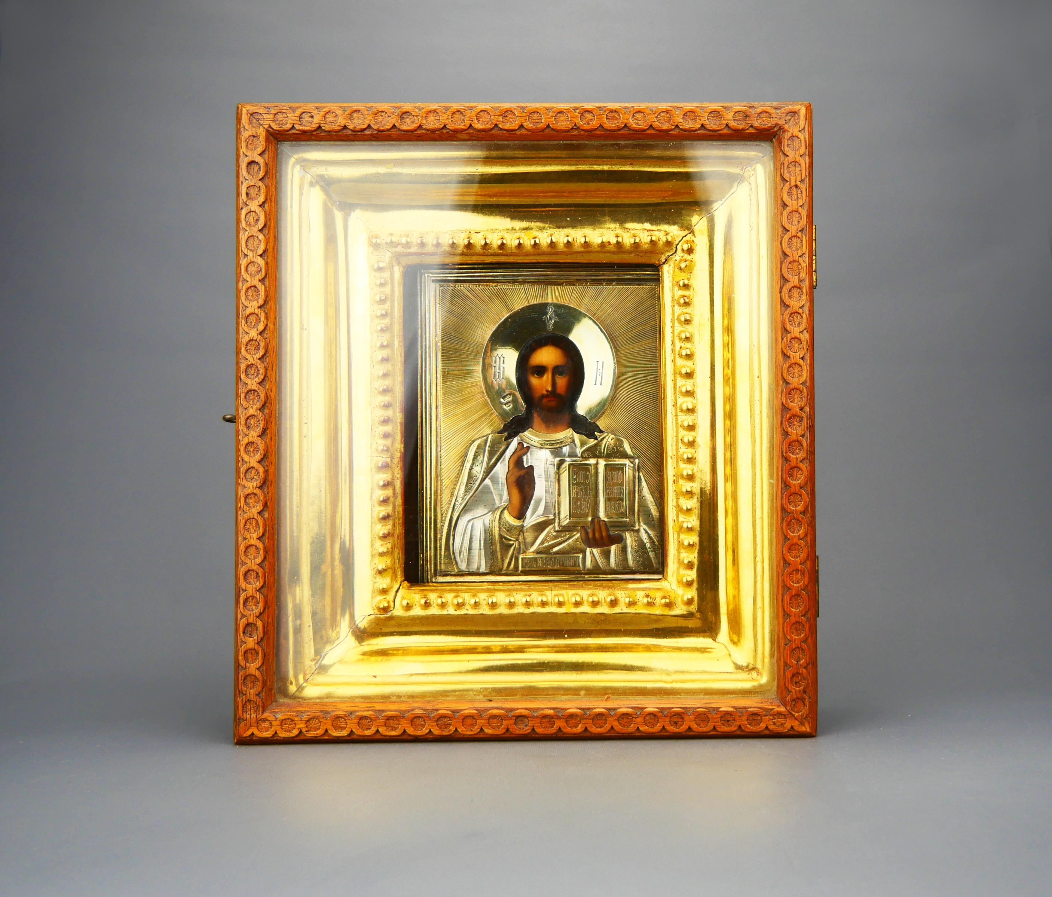 Antique Russian Icon Christ Pantocrator Gilt 84 Silver with Kiot For Sale 8
