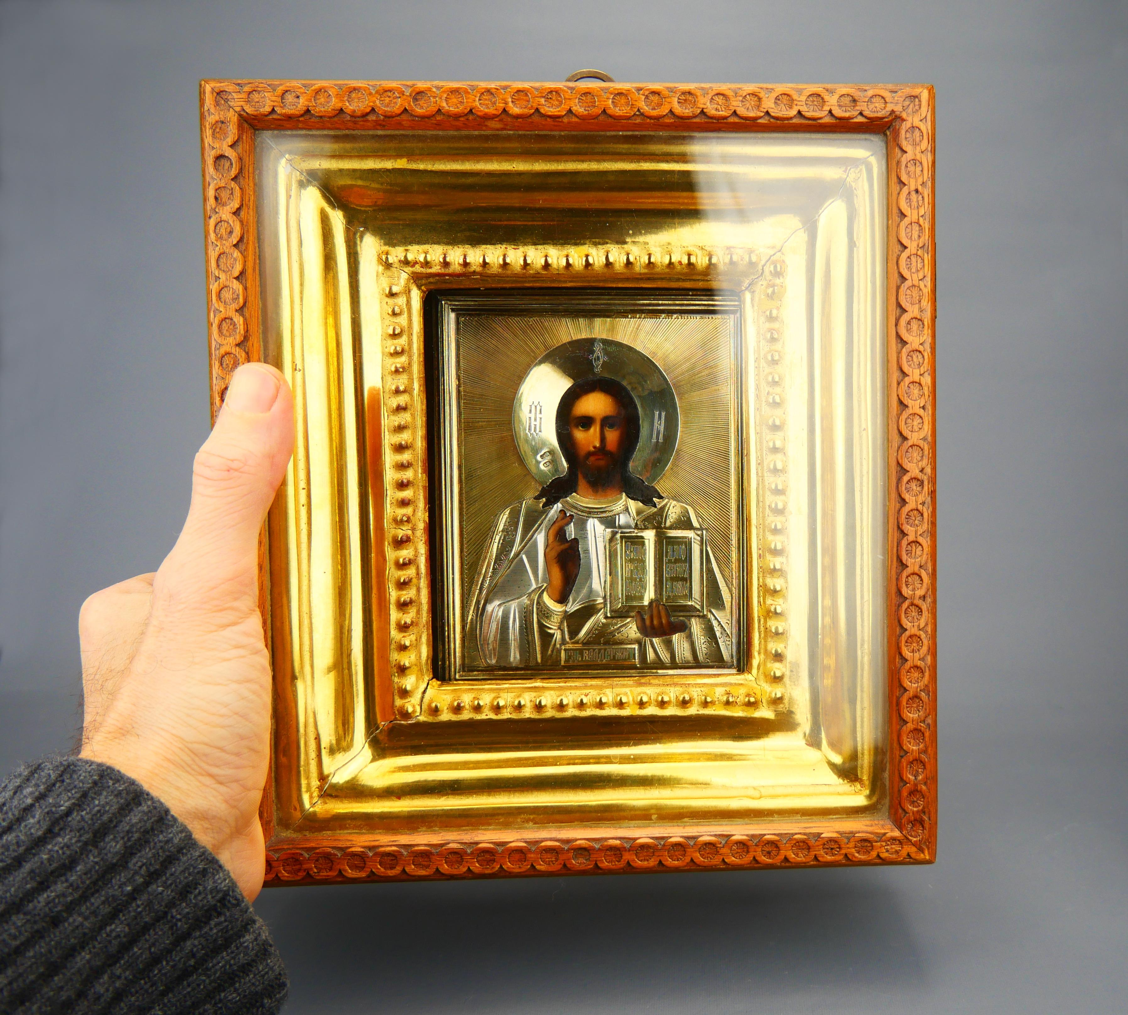 Antique Russian Icon Christ Pantocrator Gilt 84 Silver with Kiot For Sale 9