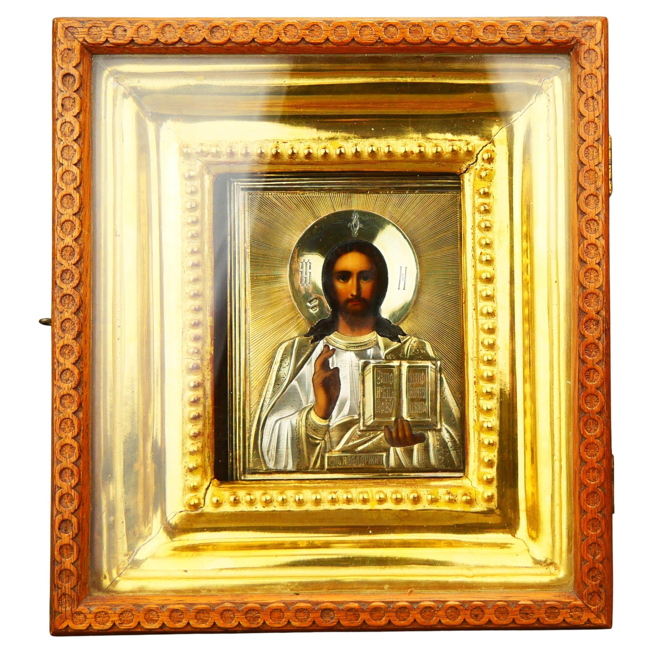 Antique Russian Icon Christ Pantocrator Gilt 84 Silver with Kiot For Sale