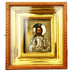 Antique Russian Icon Christ Pantocrator Gilt 84 Silver with Kiot