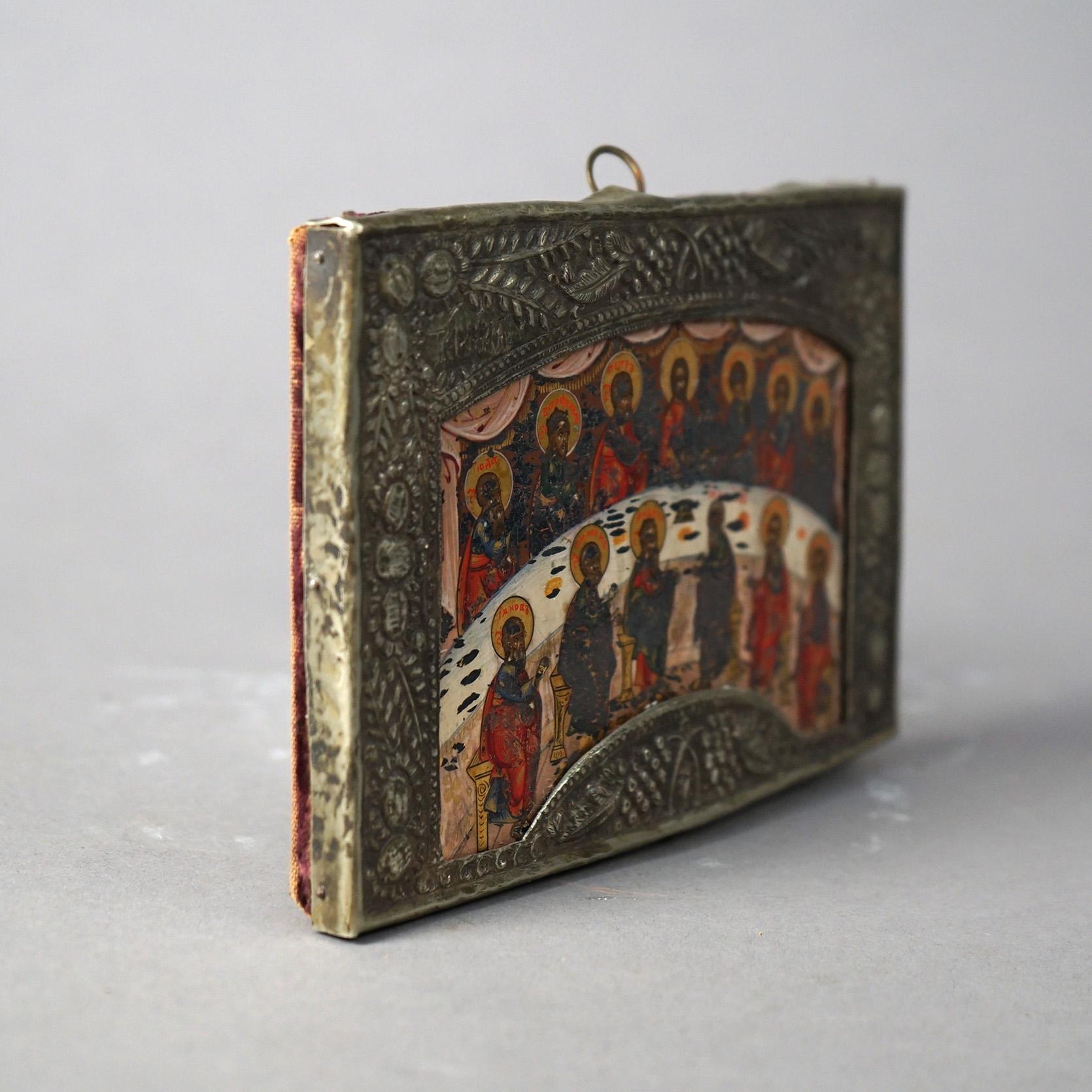 Antique Russian Icon, Last Supper with Jesus Christ & Disciples, Signed 19th C In Good Condition In Big Flats, NY