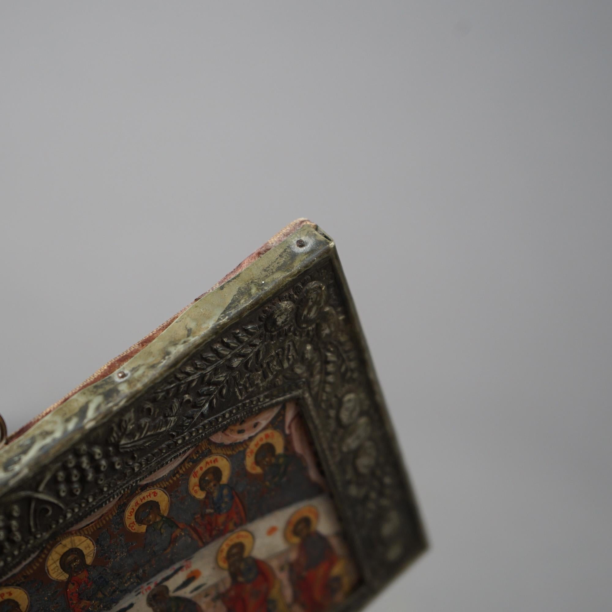 19th Century Antique Russian Icon, Last Supper with Jesus Christ & Disciples, Signed 19th C