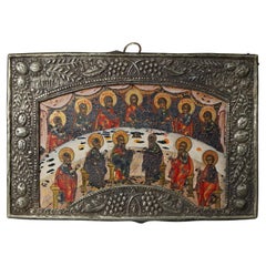 Antique Russian Icon, Last Supper with Jesus Christ & Disciples, Signed 19th C