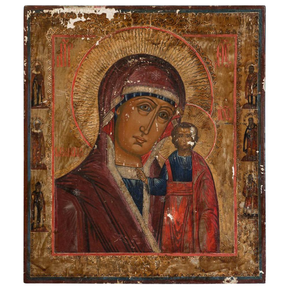 Antique Russian Icon Painting of the Virgin and Christ Child